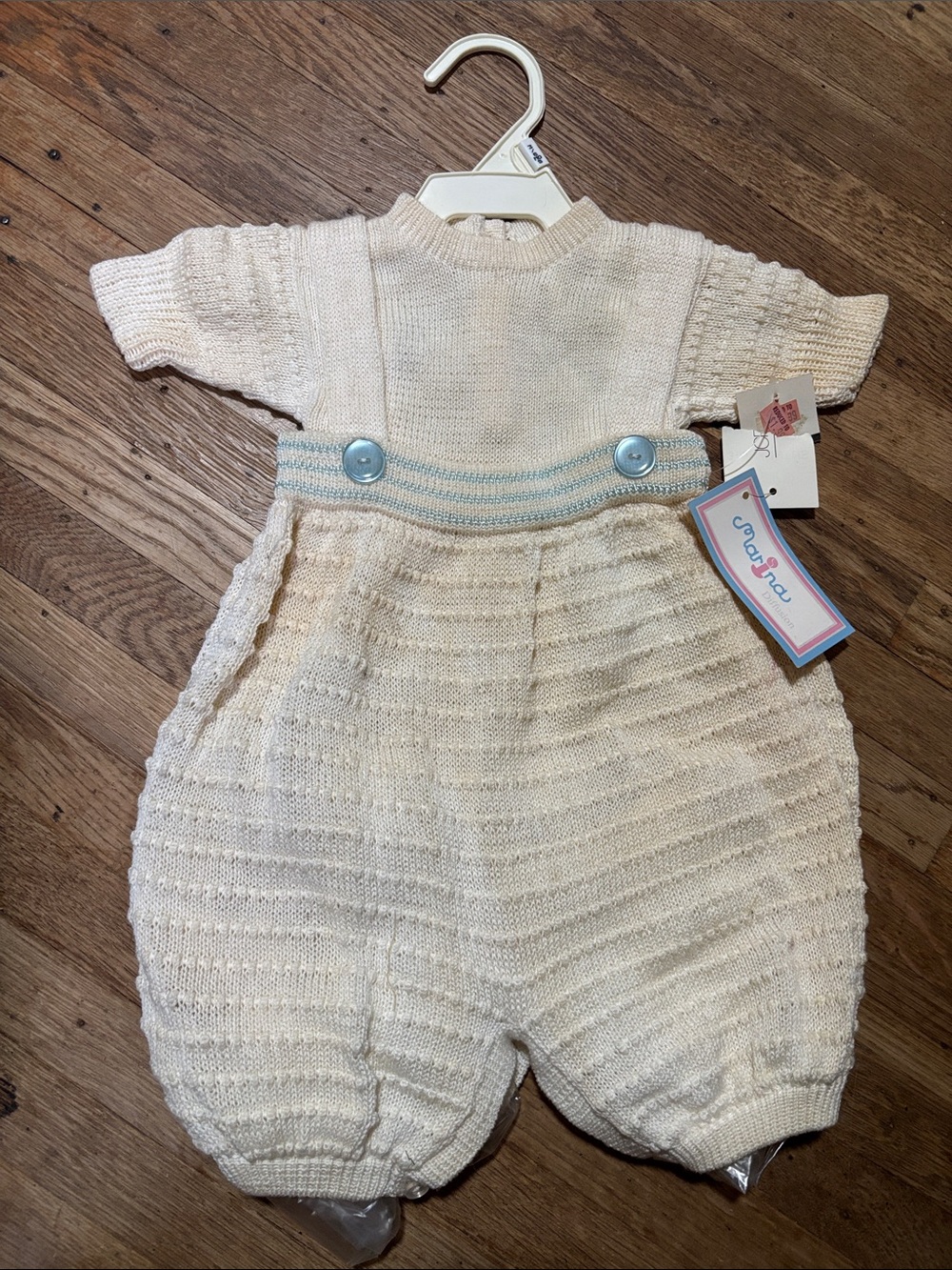Vintage Cream Knit Baby One-Piece with Blue Trim 3-6 Months Cottagecore